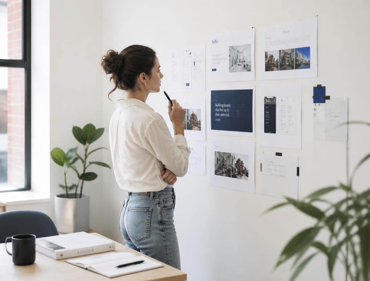 Designer reviewing website mockups pinned to a bright studio wall