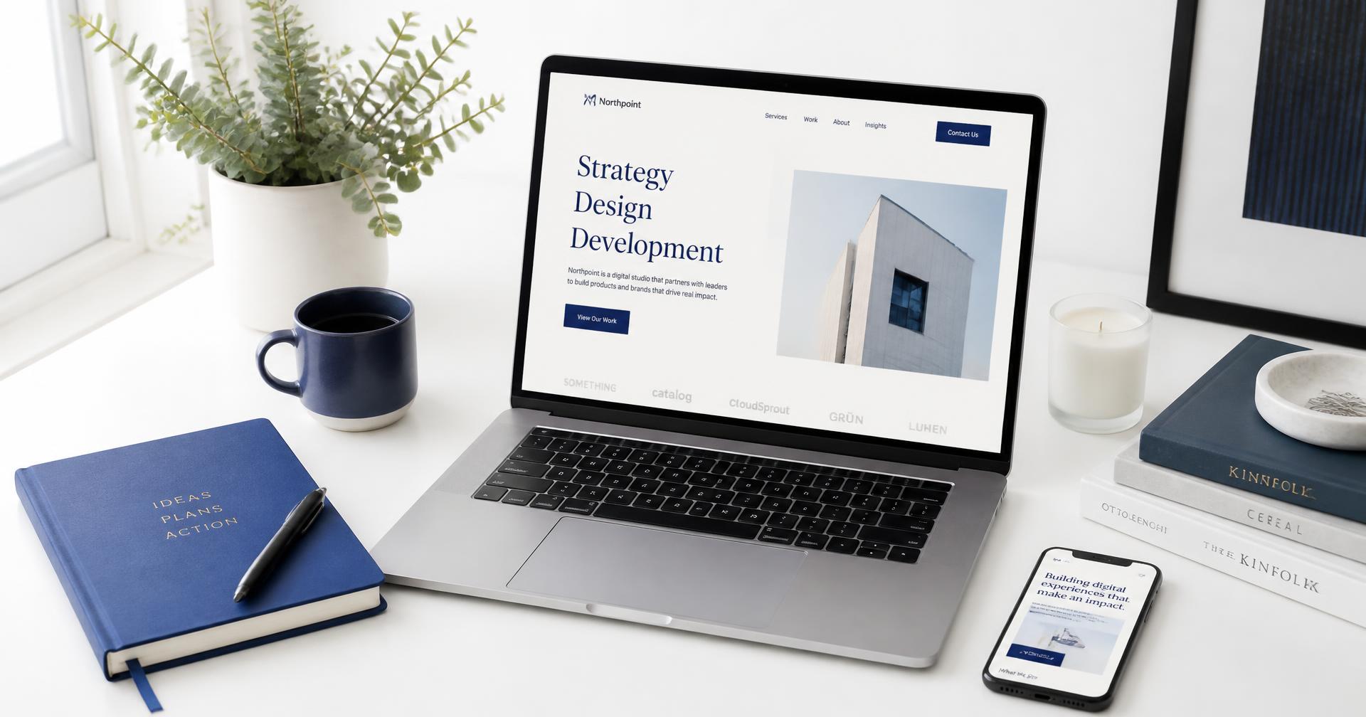 Laptop displaying a modern website design on a bright minimal desk